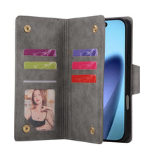 Lade das Bild in den Galerie-Viewer, Casekis Studded Zip Leather Wallet Wristlet Phone Case Gray