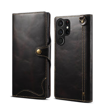 Lade das Bild in den Galerie-Viewer, Casekis Genuine Cowhide Leather Button Flip Phone Case Black