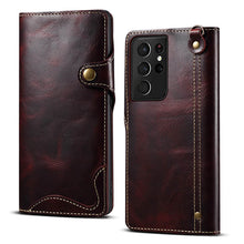 Lade das Bild in den Galerie-Viewer, Genuine Cowhide Leather Button Flip Phone Case For Samsung Galaxy S21 Ultra 5G - Casekis