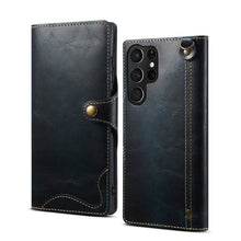 Lade das Bild in den Galerie-Viewer, Casekis Genuine Cowhide Leather Button Flip Phone Case Blue