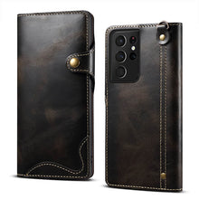 Lade das Bild in den Galerie-Viewer, Genuine Cowhide Leather Button Flip Phone Case For Samsung Galaxy S21 Ultra 5G - Casekis