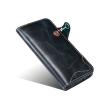 Lade das Bild in den Galerie-Viewer, Casekis Genuine Cowhide Leather Button Flip Phone Case Blue