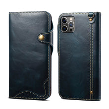 Lade das Bild in den Galerie-Viewer, Casekis Genuine Cowhide Leather Button Flip Phone Case Blue