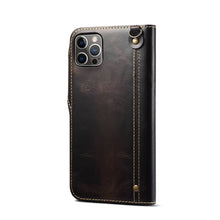 Lade das Bild in den Galerie-Viewer, Casekis Genuine Cowhide Leather Button Flip Phone Case Black