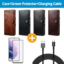 Lade das Bild in den Galerie-Viewer, Casekis Genuine Cowhide Leather Button Flip Phone Case For Galaxy S21 5G