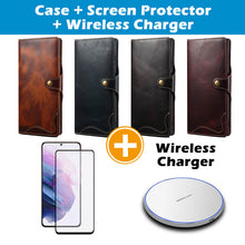 Lade das Bild in den Galerie-Viewer, Casekis Genuine Cowhide Leather Button Flip Phone Case For Galaxy S21 5G