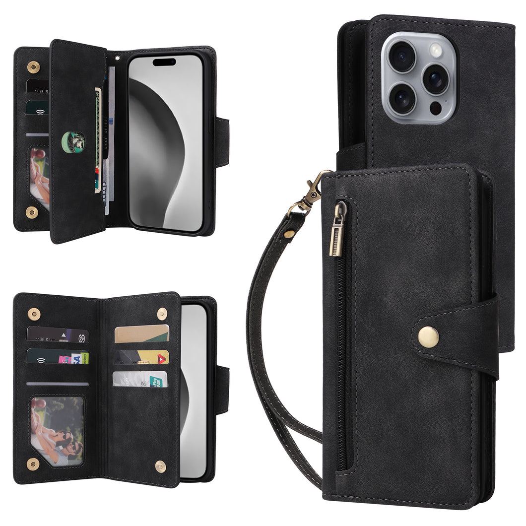 Casekis Studded Zip Leather Wallet Wristlet Phone Case Black