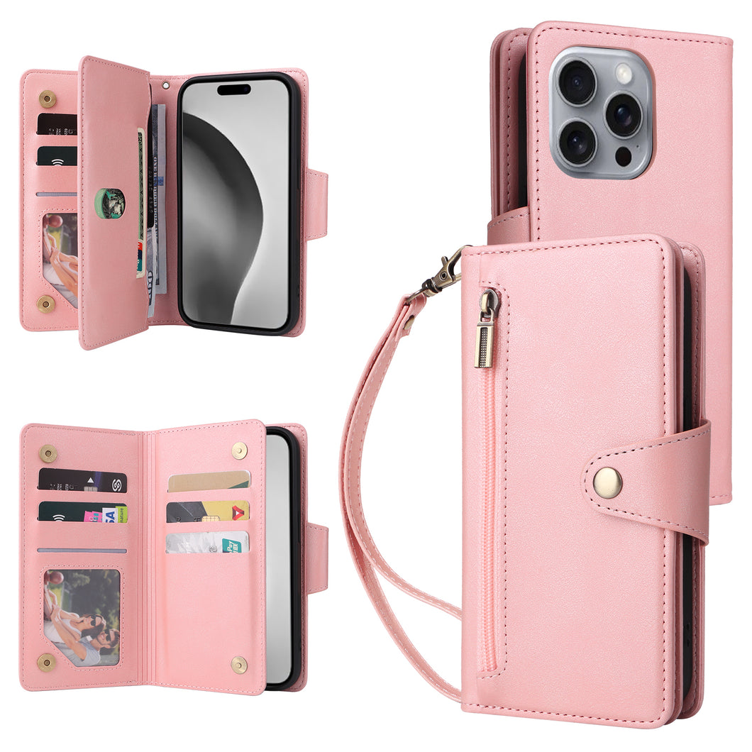 Casekis Studded Zip Leather Wallet Wristlet Phone Case Rose Gold