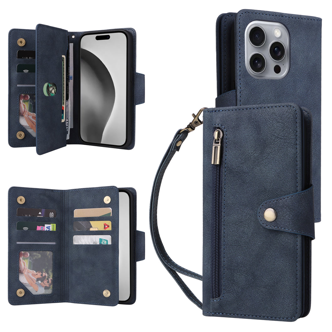 Casekis Studded Zip Leather Wallet Wristlet Phone Case Blue