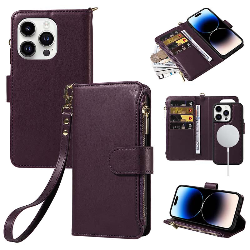 Casekis Cardholder Case with Wrist Strap,Compatible with MagSafe,Zipper Pocket,Dark Purple