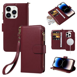 Casekis Cardholder Case with Wrist Strap,Compatible with MagSafe,Zipper Pocket,Red Wine
