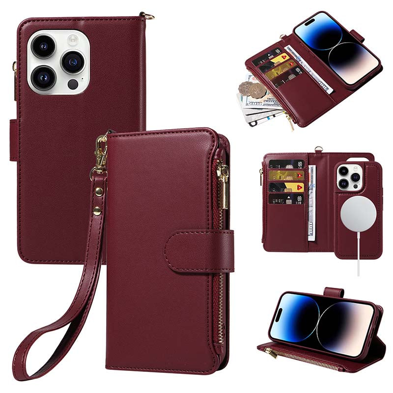 Casekis Cardholder Case with Wrist Strap,Compatible with MagSafe,Zipper Pocket,Red Wine