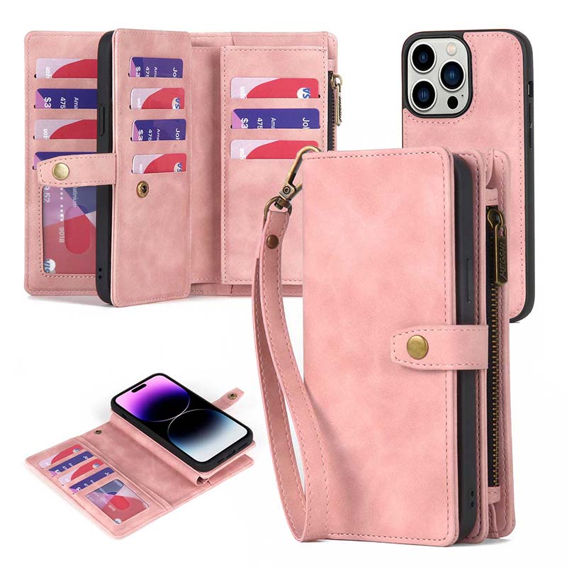 Casekis Zipper 11 Card Slots Wallet Phone Case Pink