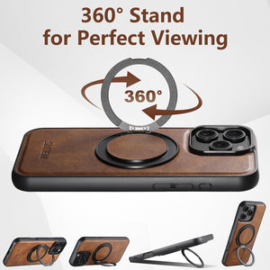 Casekis Magnetic Charging Rotating Stand Leather Phone Case Brown