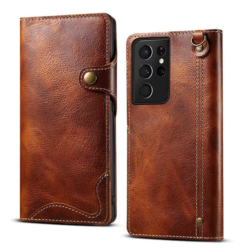 Genuine Cowhide Leather Button Flip Phone Case For Samsung Galaxy S21 Ultra 5G - Casekis