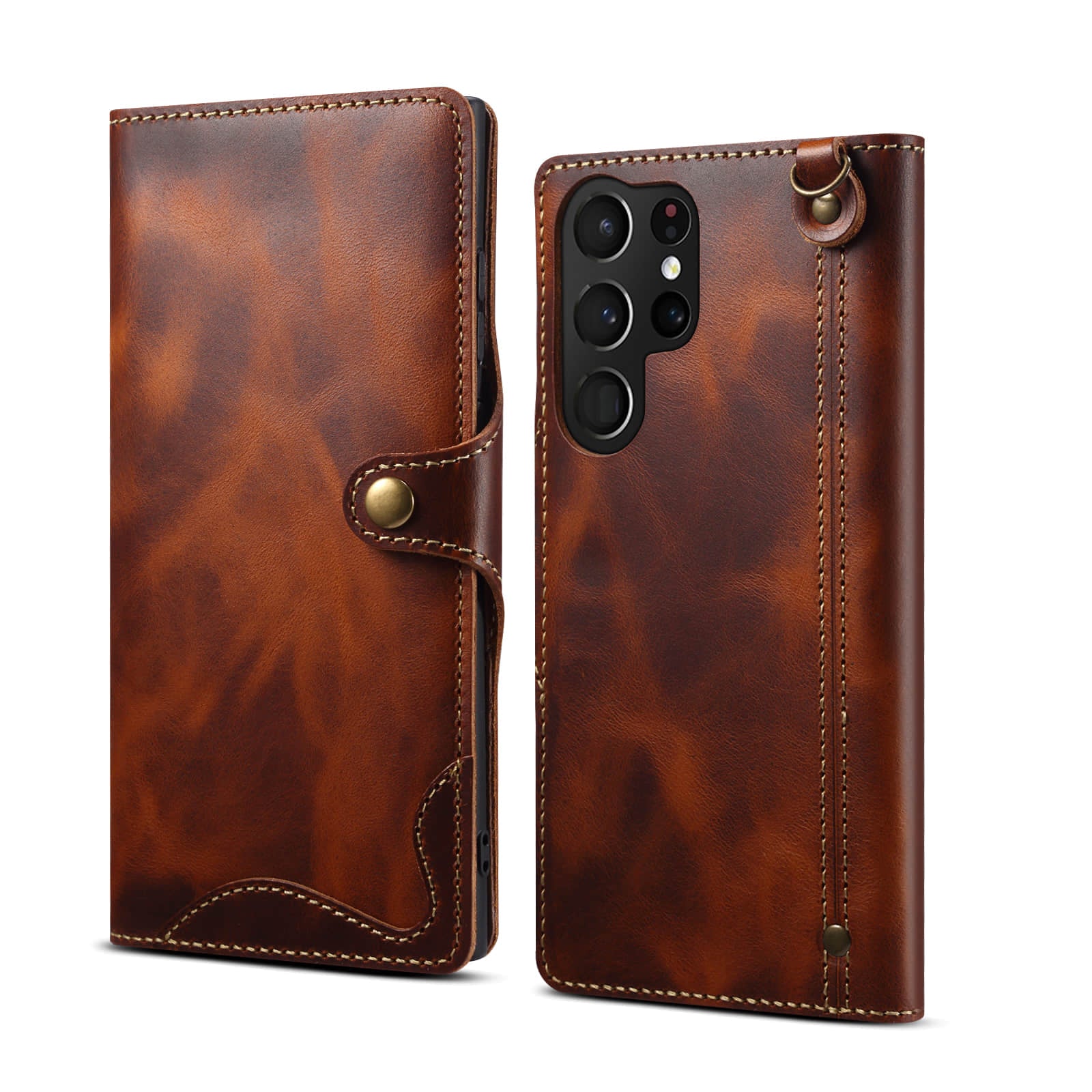 Casekis Genuine Cowhide Leather Button Flip Phone Case Brown