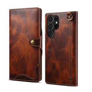 Casekis Genuine Cowhide Leather Button Flip Phone Case Brown