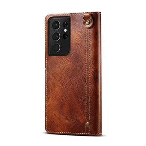 Genuine Cowhide Leather Button Flip Phone Case For Samsung Galaxy S21 Ultra 5G - Casekis