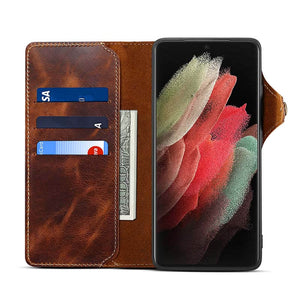 Genuine Cowhide Leather Button Flip Phone Case For Samsung Galaxy S21 Ultra 5G - Casekis