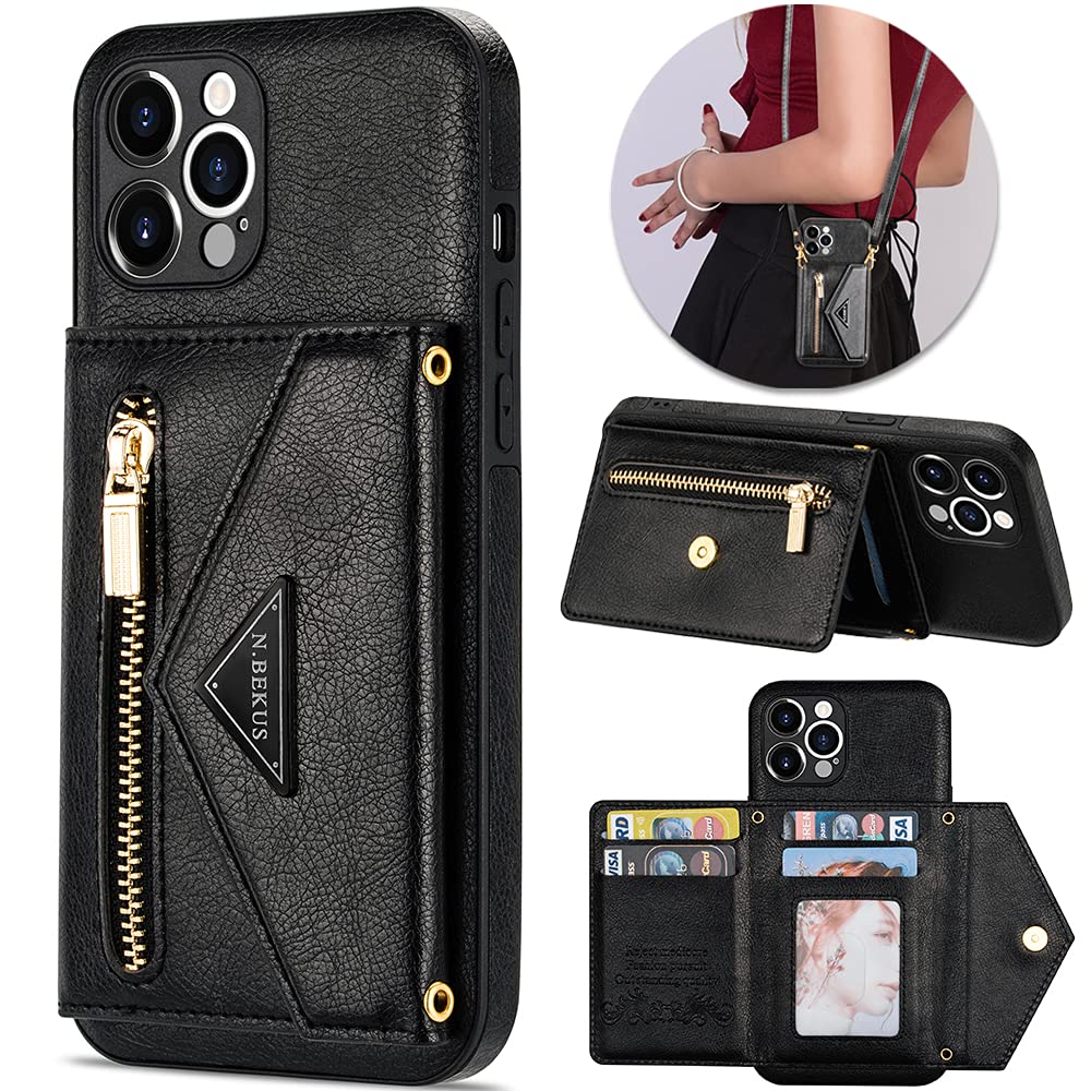 Casekis Crossbody Strap Leather Magnetic Wallet Phone Case Black