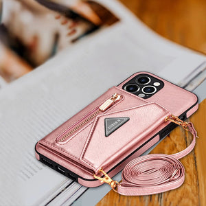 Casekis Crossbody Strap Leather Magnetic Wallet Phone Case Rose Gold