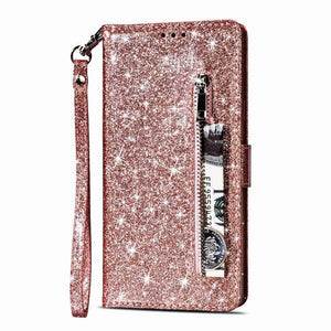 Luxury Glitter Bling Leather Zipper Pocket Case with Strap For Galaxy Note Series - Casekis