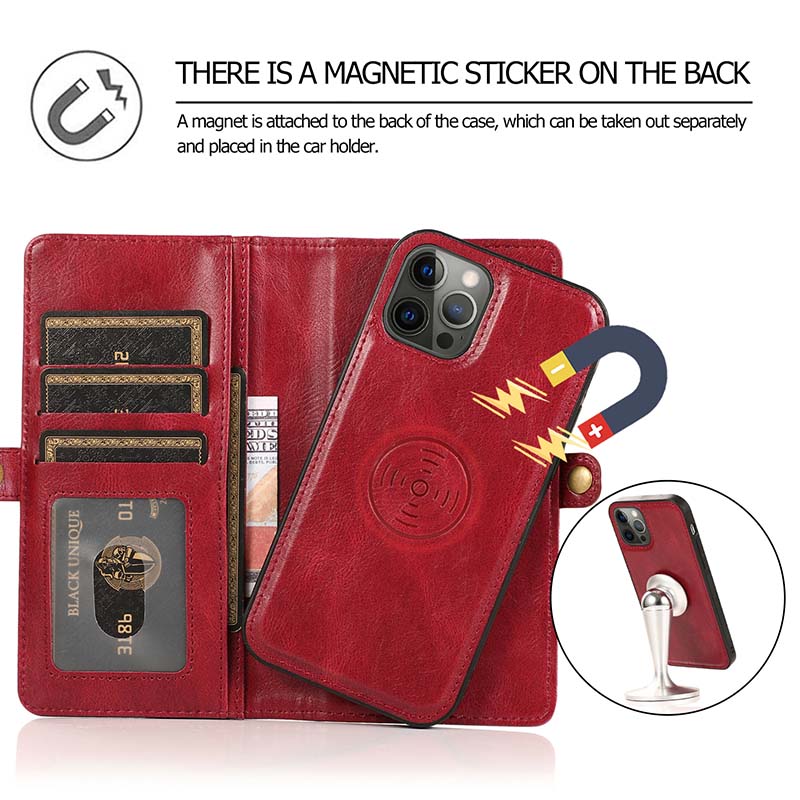 Casekis Magnetic Detachable 9 Cards Leather Phone Case Red