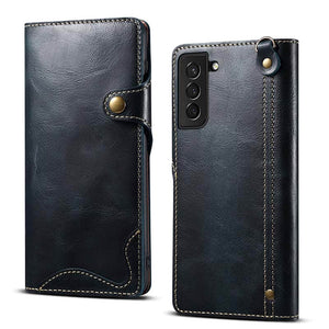 Genuine Cowhide Leather Button Flip Phone Case For Samsung Galaxy S21 5G - Casekis