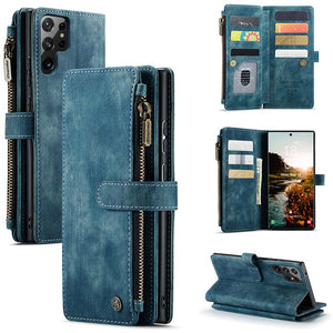 Casekis Leather Zipper Phone Case For Galaxy S22 Ultra 5G Blue